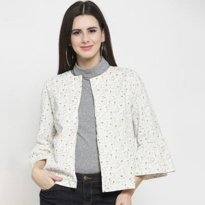 Women Off White Printed Open Front Shrug